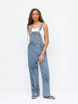 Cider - Washed Denim Women Bowknot Buckle Wide-Leg Dungaree Blue
