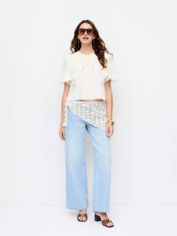 Cider - Floral Embroidered Women's Ruffled Oversized Blouse Beige