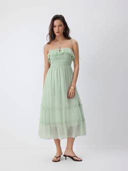 Cider - Ruched Lace Trim Women's Ruffled A-Line Maxi Dress Green