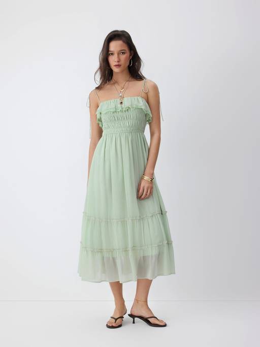 Buy Cider Ruched Lace Trim Women's Ruffled A-Line Maxi Dress Green (XXS) Online
