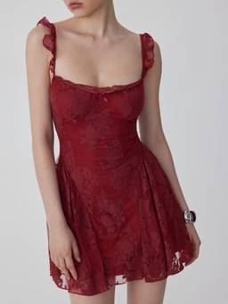 Cider - Cotton Blend Women's Lace Sweetheart Neck A-Line Mini Dress Wine