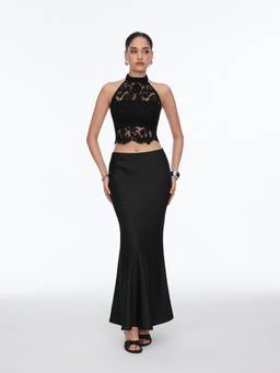 Cider - Cotton Blend Women's Lace Halter Crop Top Skirt Set Black