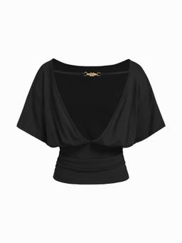 Cider - Metal Detail Women's Backless Batwing Sleeve Crop Top Black