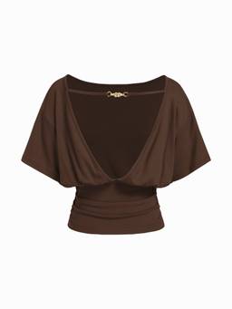 Cider - Metal Detail Women’s Backless Batwing Sleeve Crop Top Brown