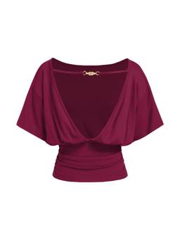 Cider - Metal Detail Women Backless Batwing Oversized Crop Top Burgundy
