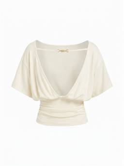 Cider - Women's Backless Batwing Boat Neck Oversized Crop Top Cream