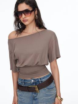Cider - Batwing Backless Drawstring Metal Detail Crop Top Khaki