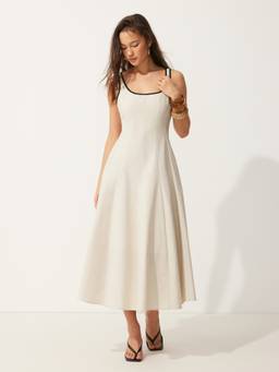 Cider - Linen-Blend Women's Square Neck Pocket A-Line Maxi Dress Beige