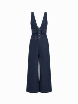 Cider - Washed Denim Women's V-Neck Metal Detail Wide-Leg Jumpsuit Navy Blue