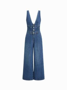 Cider - Washed Denim Women's V-Neck Metal Detail Wide-Leg Jumpsuit Navy Blue