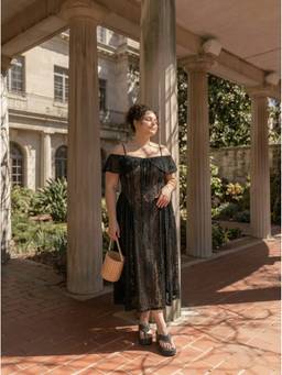 Cider - Lace Women's Off-Shoulder Knotted Flared Maxi Dress Black