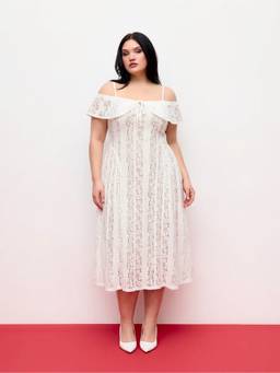Cider - Lace Women's Off-Shoulder Knotted Flared Maxi Dress White