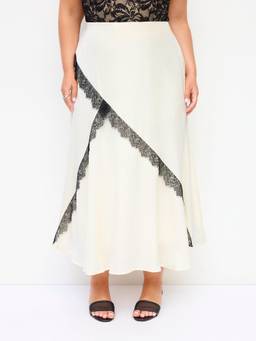 Cider - Satin Lace Women's Mid-Rise A-Line Maxi Skirt Beige