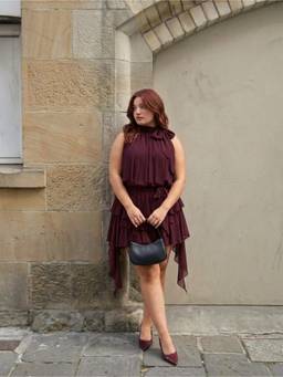 Cider - Chiffon Women's Halter Neck Ruffled Ruched Mini Dress Berry