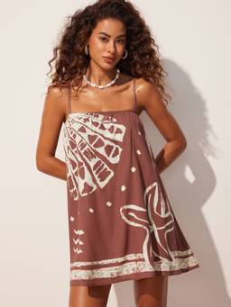 Cider - Starfish & Shell Women's Graphic Oversized Smock Mini Dress Brown