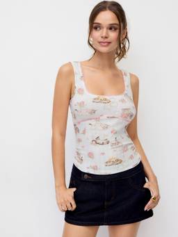 Cider - Cat & Floral Women's Square Neck Lace Trim Tank Top White