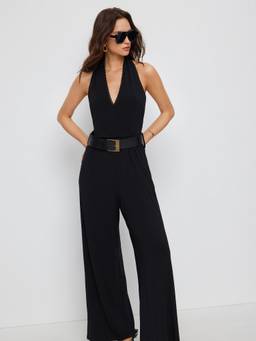 Cider - Lace Trim Women's Halter Neck Wide-Leg Jumpsuit With Belt Black