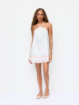 Cider - Linen Blend Women's Halter Neck Embroidered A-Line Mini Dress White