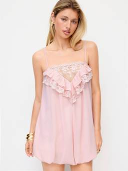 Cider - Lace Panel Women's Ruffled Square Neck Romper Pink