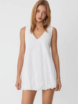Cider - Lace Jacquard Women’s V-Neck Bubble Hem Mini Dress White
