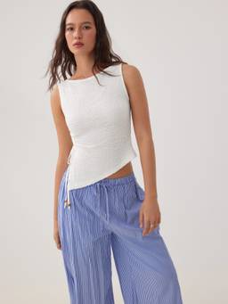 Cider - Textured Women's Sleeveless Drawstring Pant Set White & Blue