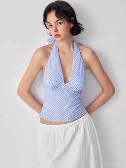 Cider - Striped Women's Halter Neck Ruched Crop Top Sky Blue