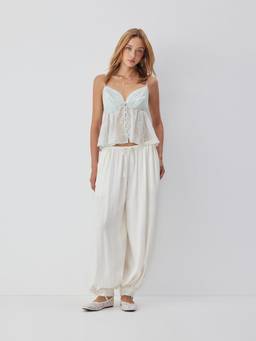 Cider - Chiffon Women's V-Neck Button Front Lace Crop Top Baby Blue
