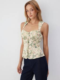 Cider - Jacquard Floral Women’s Slim Sweetheart Corset Top Green