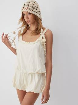 Cider - Cotton Blend Women’s Ruffle Scoop Neck Bubble Hem Romper White