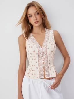 Cider - Floral Women's Lace Trim V-Neck Peplum Blouse Pink
