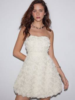 Cider - Textured Applique Women's Strapless Flared Mini Dress Cream