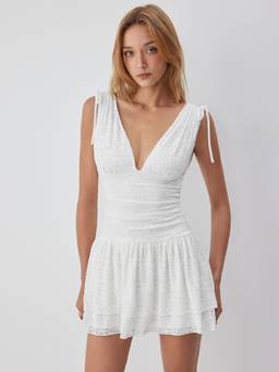 Cider - Jacquard Women's V-Neck Ruched Ruffled Mini Dress White