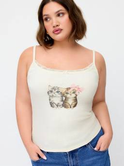 Cider - Pointelle Women Cat Graphic U-Neck Lace Trim Cami Top Beige