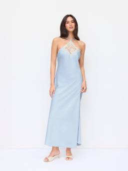 Cider - Satin Lace Women's Halter Neck Mermaid Maxi Dress Light Blue