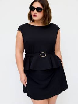 Cider - Belted Women's Boat Neck Ruffle Hem Peplum Crop Top Black