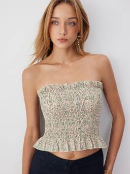 Cider - Floral Women's Strapless Shirred Ruffle Hem Crop Top Green