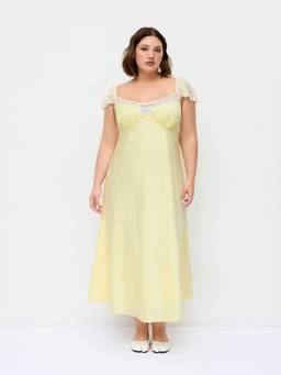 Cider - Satin Sweetheart Women's Lace Ruffle Sleeve Maxi Dress Yellow