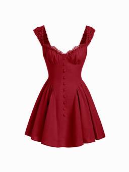 Cider - Linen Blend Women's Sweetheart Shirred Flared Mini Dress Red