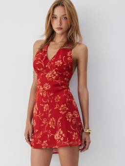 Cider - Chiffon Floral Women Halter Neck Backless Mini Dress Burgundy