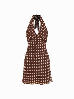 Cider - Chiffon Women's Polka Dot Halter Neck Backless Mini Dress Brown