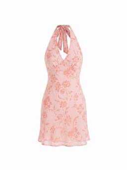 Cider - Chiffon Floral Women's Halter Neck Backless Mini Dress Pink