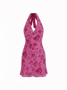 Cider - Chiffon Floral Women Halter Neck Backless Mermaid Mini Dress Purple