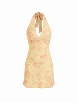 Cider - Chiffon Floral Women's Halter Neck Backless Mermaid Mini Dress Yellow