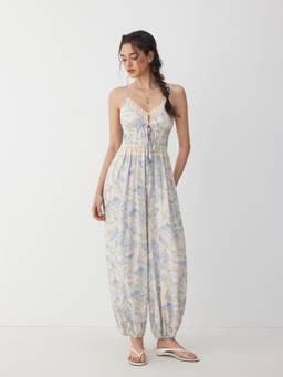 Cider - Cotton Blend Women Floral Sweetheart Barrel-Leg Jumpsuit Blue