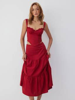 Cider - Linen Blend Women's Sweetheart Lace-Up Skirt Set Red