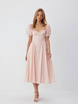 Cider - Linen Blend Women's Sweetheart Puff Sleeve Lace-Up Maxi Dress Pink