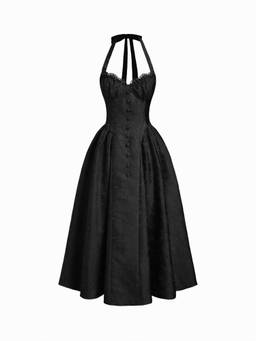 Cider - Jacquard Women's Halter Neck Bowknot Flared Maxi Dress Black