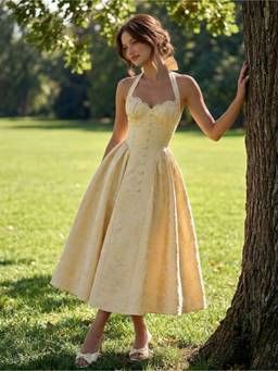 Cider - Jacquard Women's Halter Neck Bowknot Flared Maxi Dress Yellow