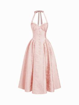 Cider - Jacquard Women's Halter Neck Bowknot Flared Maxi Dress Pink