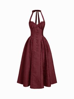 Cider - Jacquard Women's Halter Neck Bow Tie-Up Flared Maxi Dress Wine